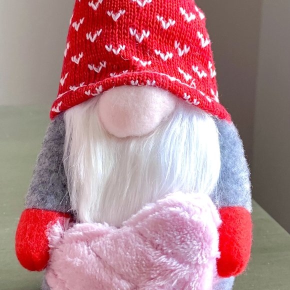 11 1/2"L Valentine's Day Plush Love Gnome Doll Holding Pink Heart Red Knit Cap - Picture 1 of 6